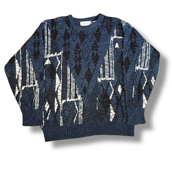 Vintage 90s Blue Black White Abstract Argyle Knit Crewneck Sweater Large Unisex - Picture 1 of 7